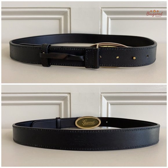 Authentic GUCCI Black Calfskin Leather Gold Script Oval Buckle Belt Size 90/36 main image 5
